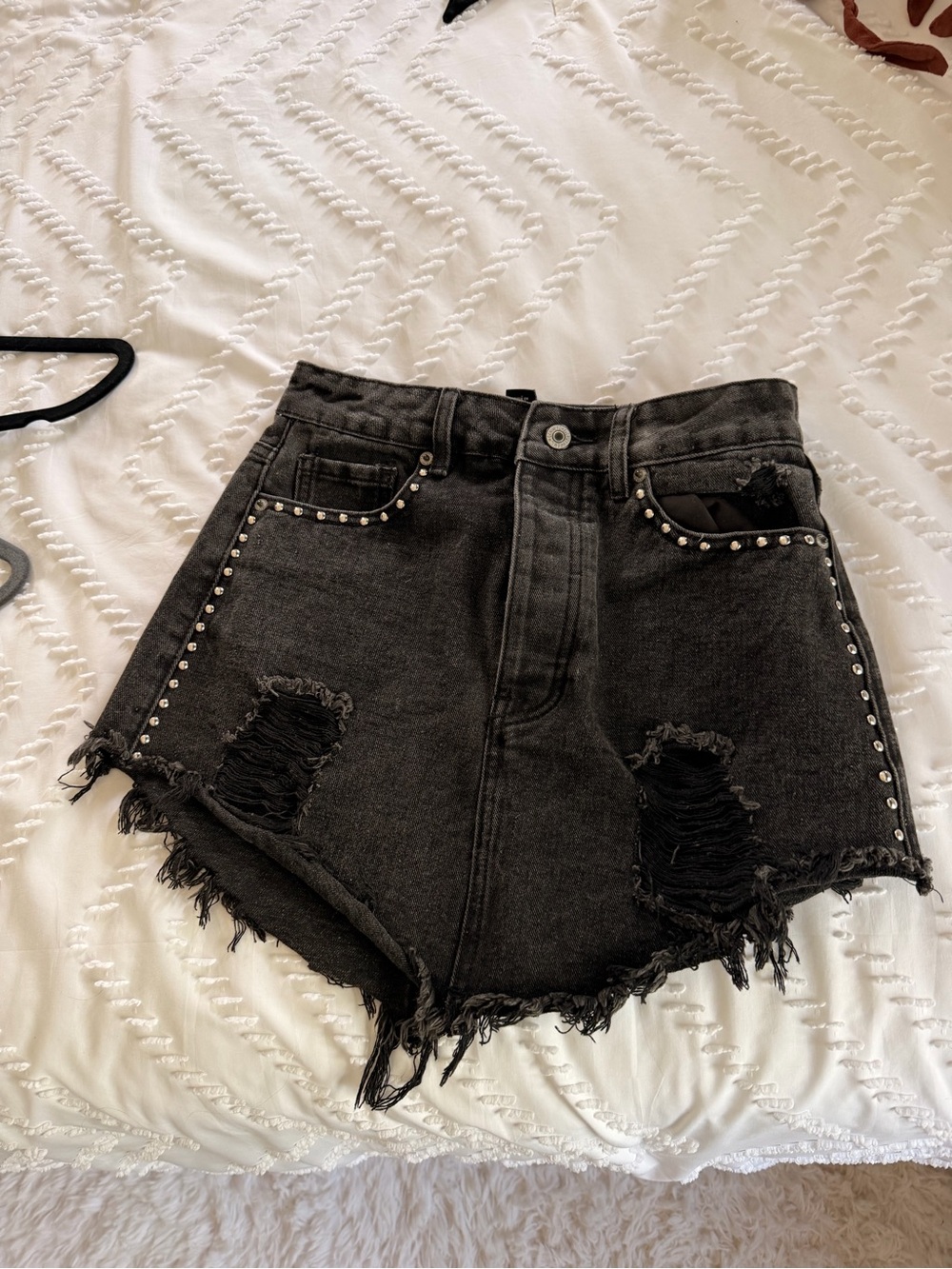 High-Waist Black Distressed Studded Denim Skirt